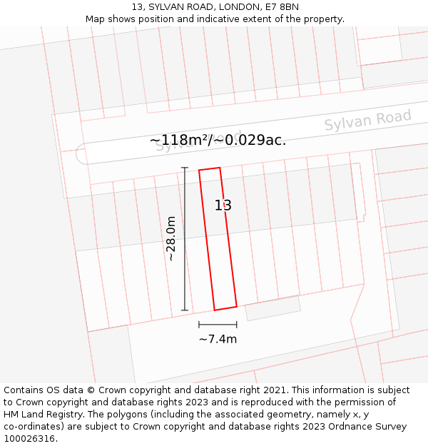 13, SYLVAN ROAD, LONDON, E7 8BN: Plot and title map