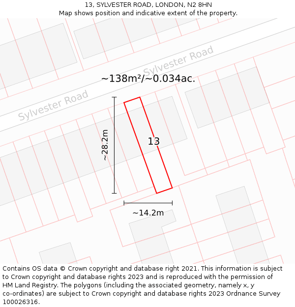 13, SYLVESTER ROAD, LONDON, N2 8HN: Plot and title map