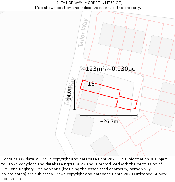 13, TAILOR WAY, MORPETH, NE61 2ZJ: Plot and title map