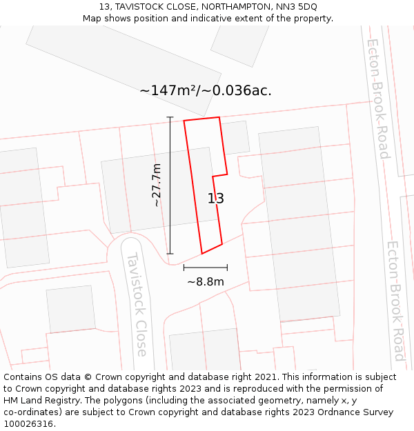 13, TAVISTOCK CLOSE, NORTHAMPTON, NN3 5DQ: Plot and title map