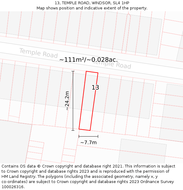 13, TEMPLE ROAD, WINDSOR, SL4 1HP: Plot and title map
