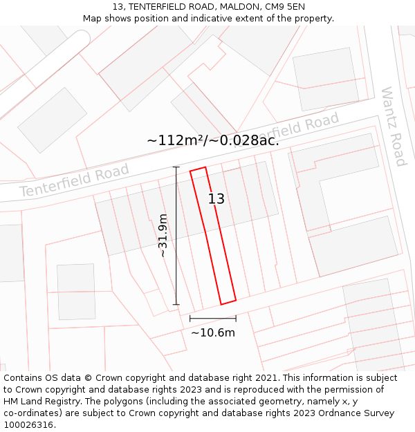 13, TENTERFIELD ROAD, MALDON, CM9 5EN: Plot and title map