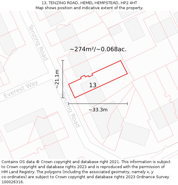 13, TENZING ROAD, HEMEL HEMPSTEAD, HP2 4HT: Plot and title map