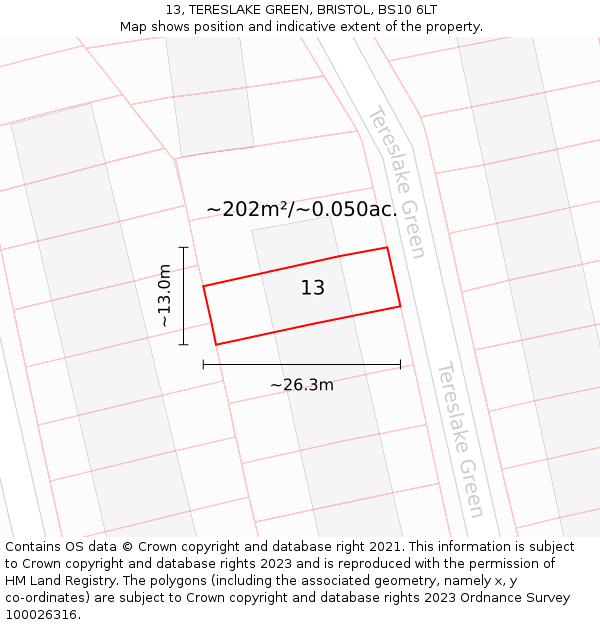 13, TERESLAKE GREEN, BRISTOL, BS10 6LT: Plot and title map