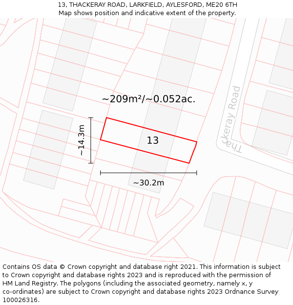 13, THACKERAY ROAD, LARKFIELD, AYLESFORD, ME20 6TH: Plot and title map