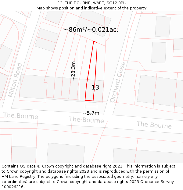 13, THE BOURNE, WARE, SG12 0PU: Plot and title map