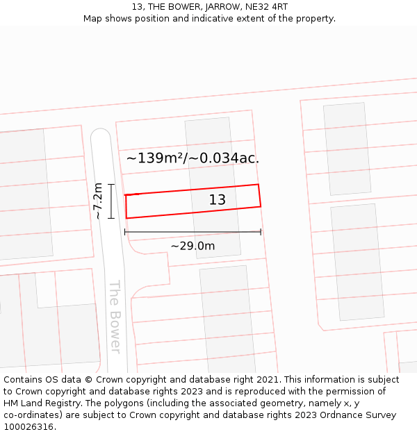 13, THE BOWER, JARROW, NE32 4RT: Plot and title map