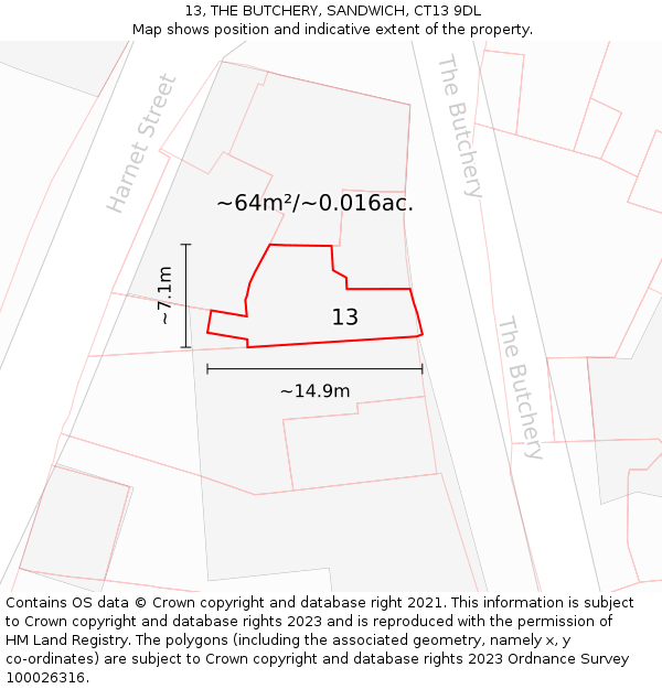 13, THE BUTCHERY, SANDWICH, CT13 9DL: Plot and title map