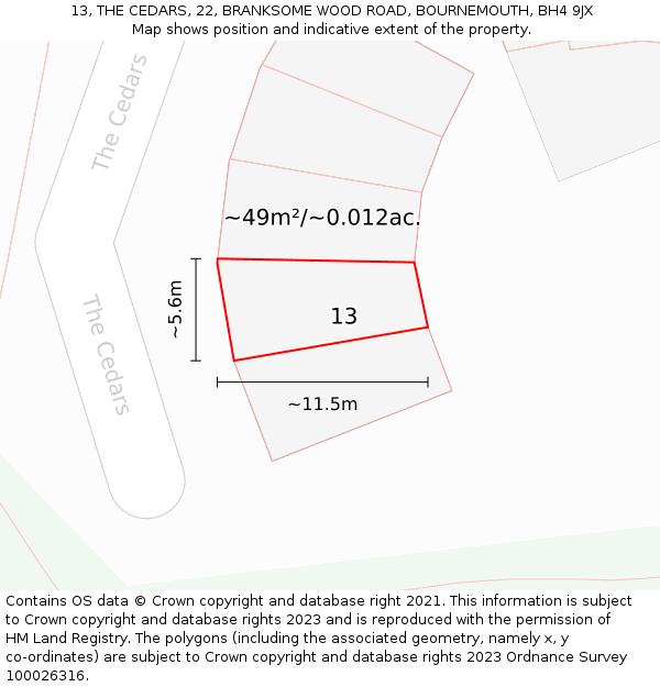 13, THE CEDARS, 22, BRANKSOME WOOD ROAD, BOURNEMOUTH, BH4 9JX: Plot and title map