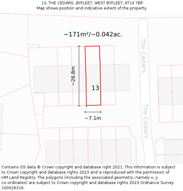13, THE CEDARS, BYFLEET, WEST BYFLEET, KT14 7BP: Plot and title map
