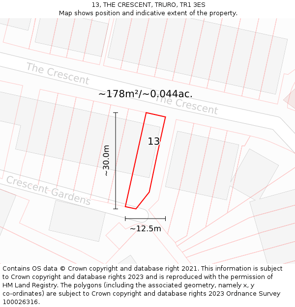 13, THE CRESCENT, TRURO, TR1 3ES: Plot and title map