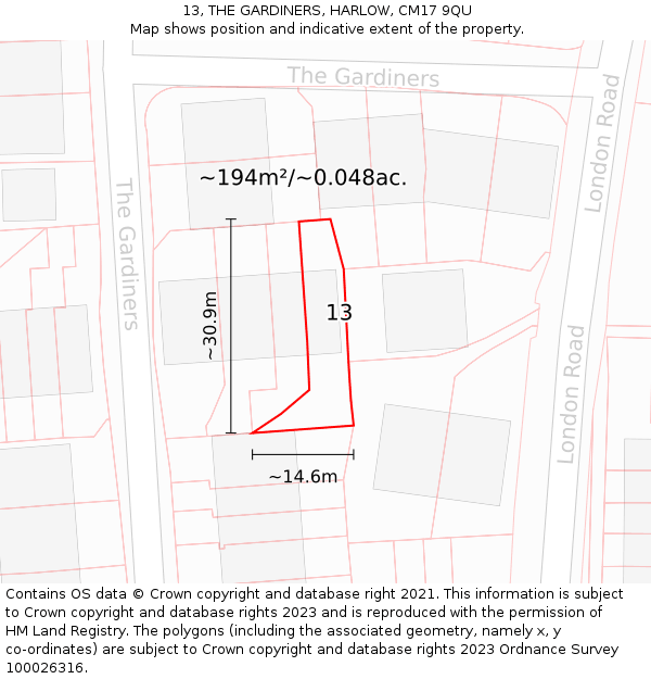 13, THE GARDINERS, HARLOW, CM17 9QU: Plot and title map