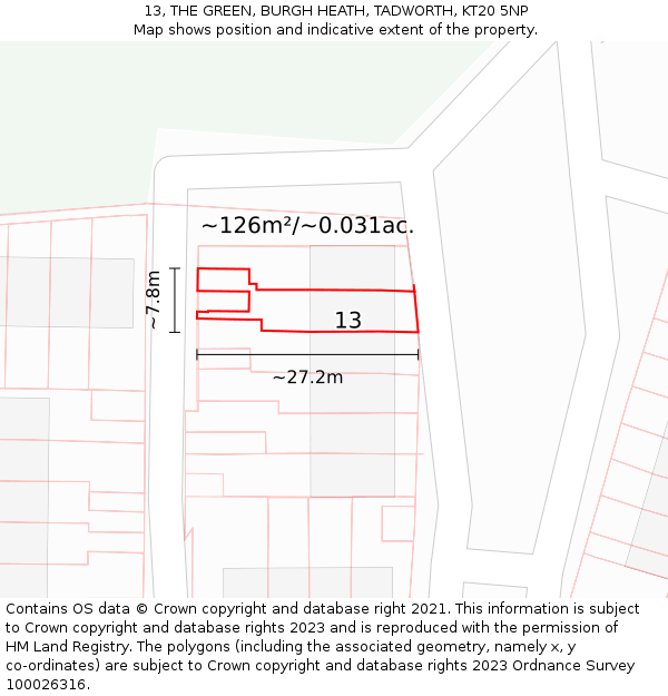 13, THE GREEN, BURGH HEATH, TADWORTH, KT20 5NP: Plot and title map