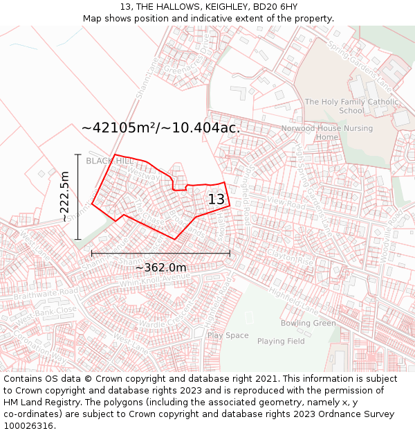 13, THE HALLOWS, KEIGHLEY, BD20 6HY: Plot and title map