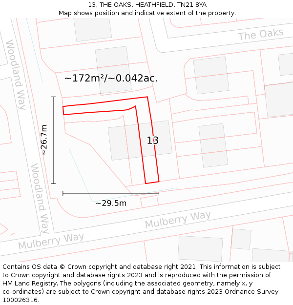 13, THE OAKS, HEATHFIELD, TN21 8YA: Plot and title map