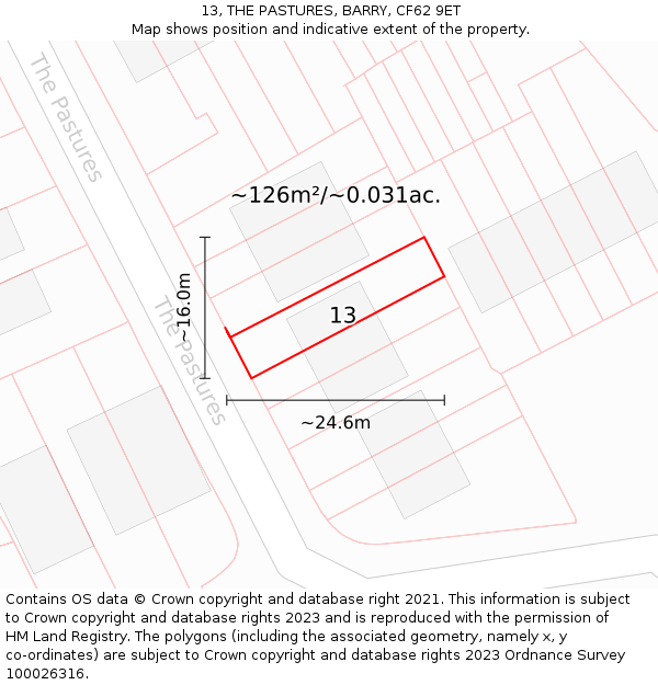 13, THE PASTURES, BARRY, CF62 9ET: Plot and title map