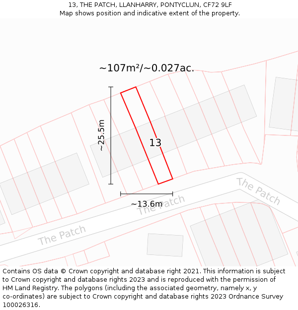 13, THE PATCH, LLANHARRY, PONTYCLUN, CF72 9LF: Plot and title map
