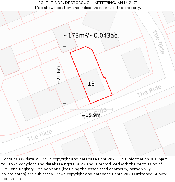 13, THE RIDE, DESBOROUGH, KETTERING, NN14 2HZ: Plot and title map