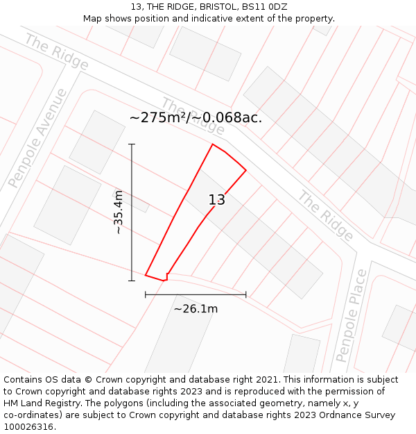 13, THE RIDGE, BRISTOL, BS11 0DZ: Plot and title map