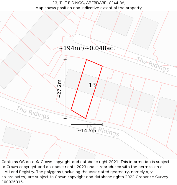 13, THE RIDINGS, ABERDARE, CF44 8AJ: Plot and title map