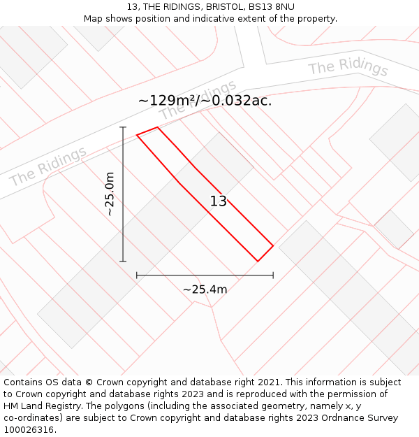 13, THE RIDINGS, BRISTOL, BS13 8NU: Plot and title map