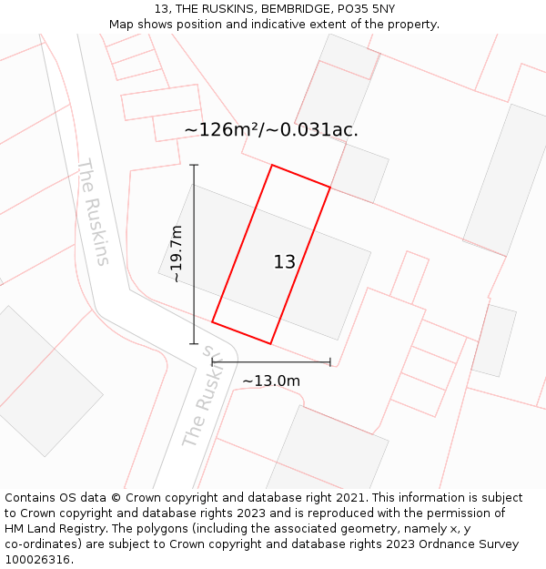 13, THE RUSKINS, BEMBRIDGE, PO35 5NY: Plot and title map