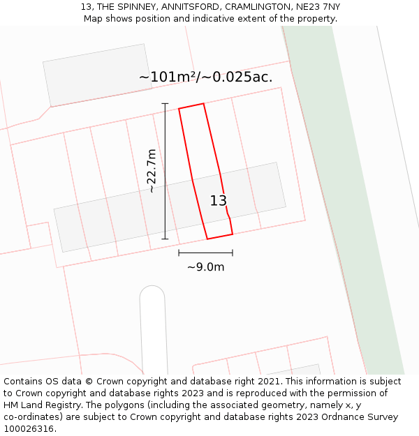 13, THE SPINNEY, ANNITSFORD, CRAMLINGTON, NE23 7NY: Plot and title map