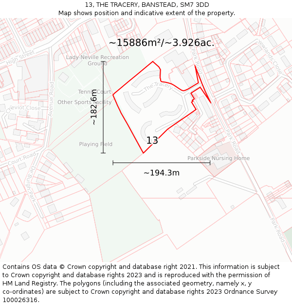 13, THE TRACERY, BANSTEAD, SM7 3DD: Plot and title map