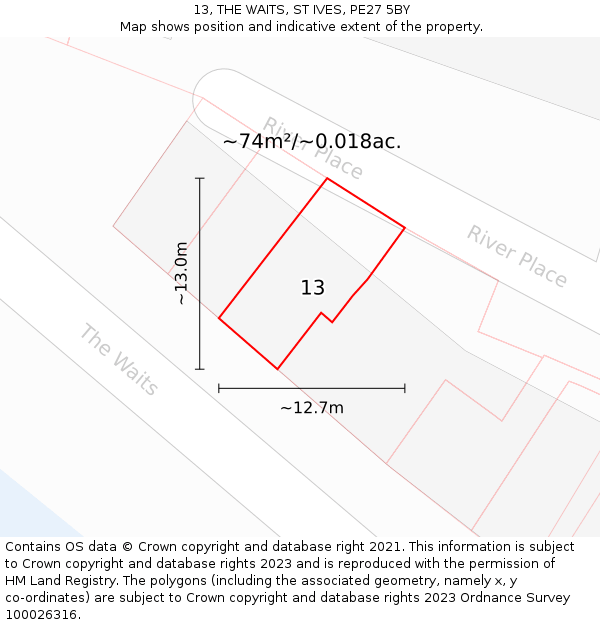 13, THE WAITS, ST IVES, PE27 5BY: Plot and title map