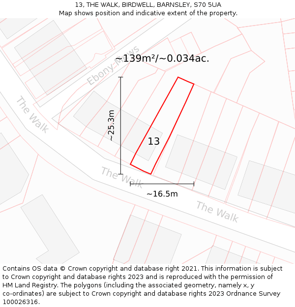 13, THE WALK, BIRDWELL, BARNSLEY, S70 5UA: Plot and title map