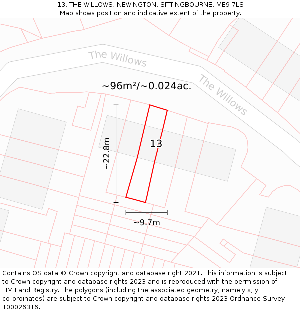 13, THE WILLOWS, NEWINGTON, SITTINGBOURNE, ME9 7LS: Plot and title map