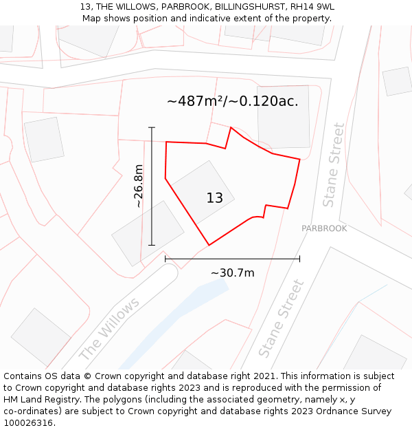 13, THE WILLOWS, PARBROOK, BILLINGSHURST, RH14 9WL: Plot and title map