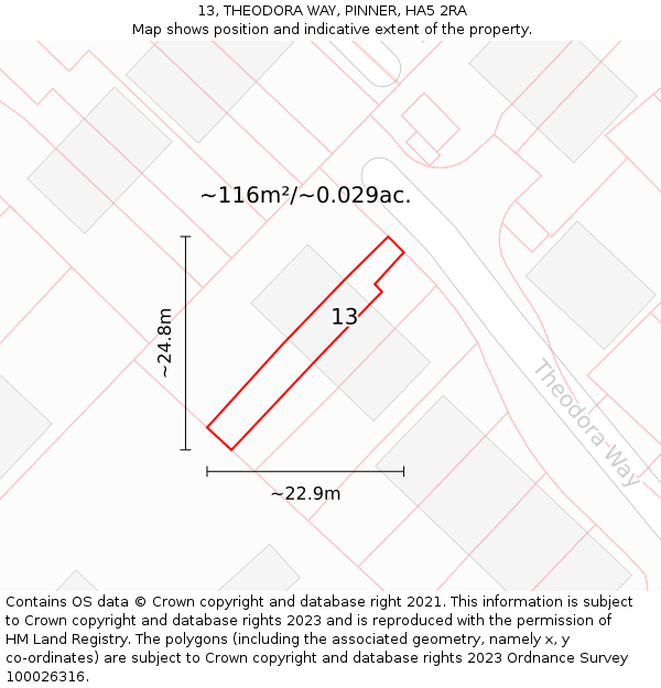 13, THEODORA WAY, PINNER, HA5 2RA: Plot and title map