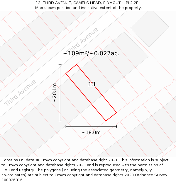 13, THIRD AVENUE, CAMELS HEAD, PLYMOUTH, PL2 2EH: Plot and title map