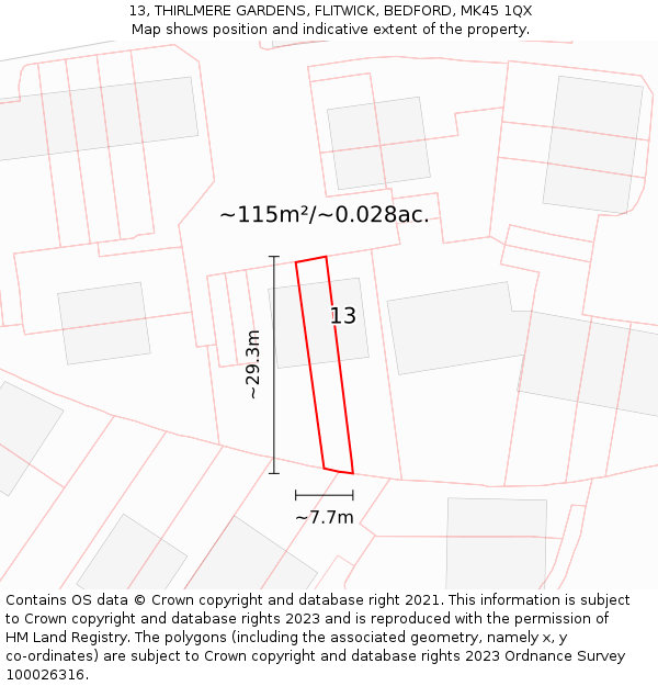13, THIRLMERE GARDENS, FLITWICK, BEDFORD, MK45 1QX: Plot and title map