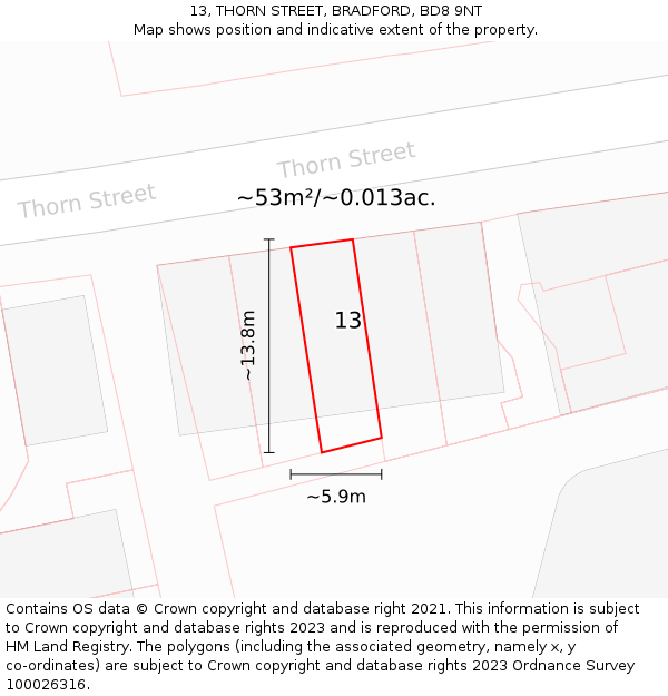 13, THORN STREET, BRADFORD, BD8 9NT: Plot and title map