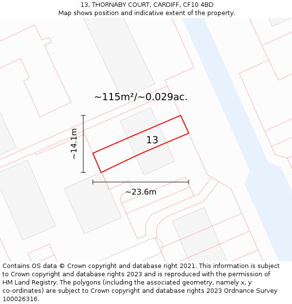 13, THORNABY COURT, CARDIFF, CF10 4BD: Plot and title map