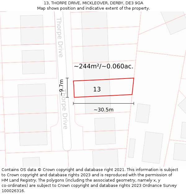 13, THORPE DRIVE, MICKLEOVER, DERBY, DE3 9GA: Plot and title map