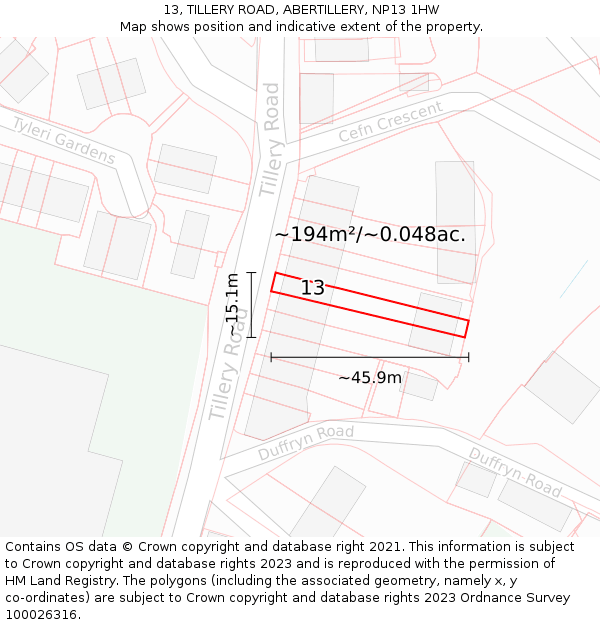 13, TILLERY ROAD, ABERTILLERY, NP13 1HW: Plot and title map