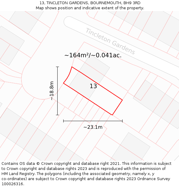 13, TINCLETON GARDENS, BOURNEMOUTH, BH9 3RD: Plot and title map
