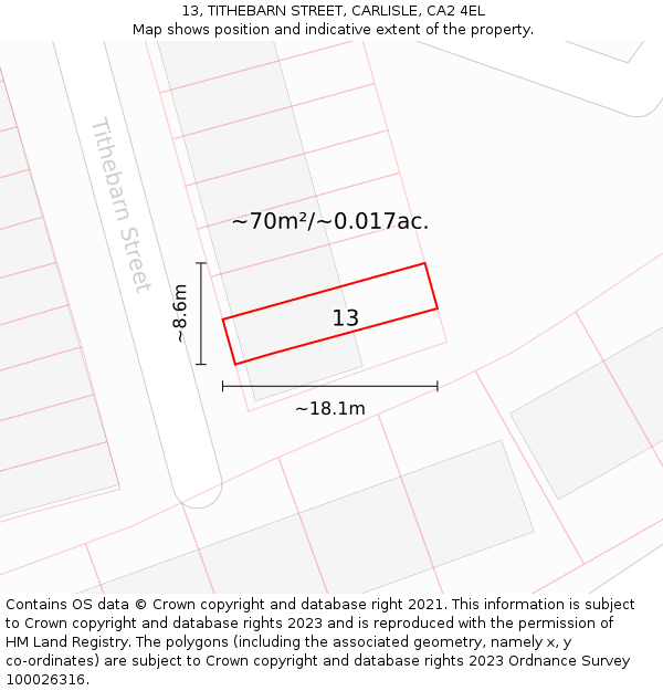13, TITHEBARN STREET, CARLISLE, CA2 4EL: Plot and title map