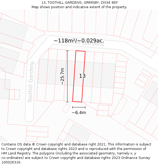 13, TOOTHILL GARDENS, GRIMSBY, DN34 4EP: Plot and title map