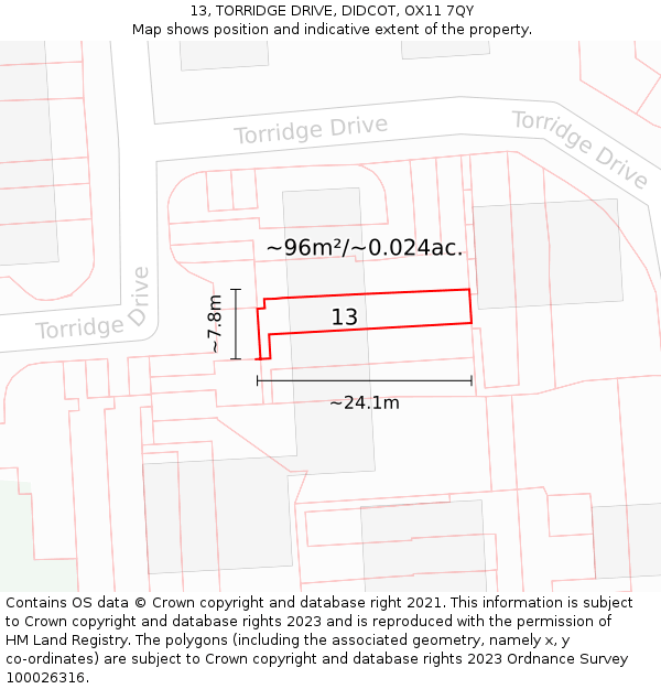 13, TORRIDGE DRIVE, DIDCOT, OX11 7QY: Plot and title map