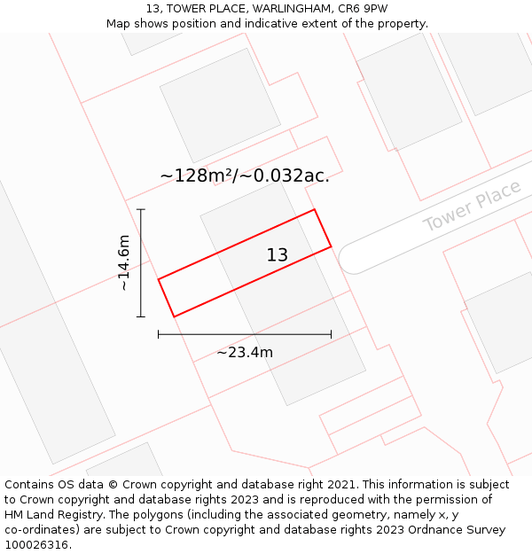 13, TOWER PLACE, WARLINGHAM, CR6 9PW: Plot and title map