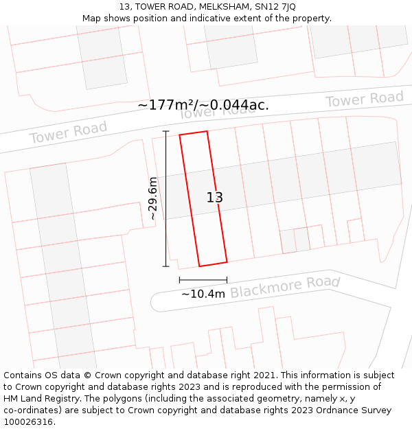 13, TOWER ROAD, MELKSHAM, SN12 7JQ: Plot and title map