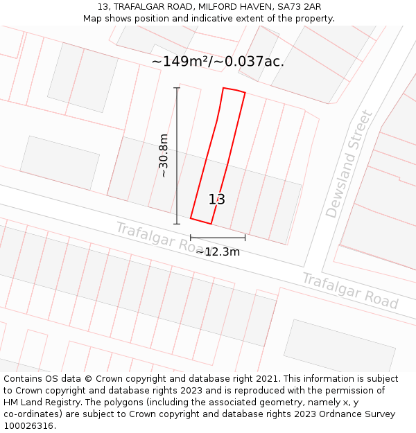 13, TRAFALGAR ROAD, MILFORD HAVEN, SA73 2AR: Plot and title map