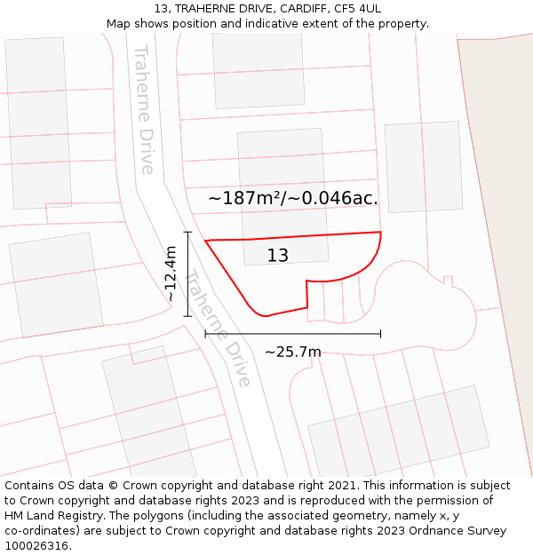13, TRAHERNE DRIVE, CARDIFF, CF5 4UL: Plot and title map