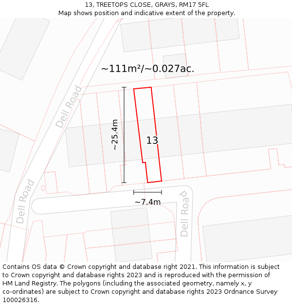 13, TREETOPS CLOSE, GRAYS, RM17 5FL: Plot and title map