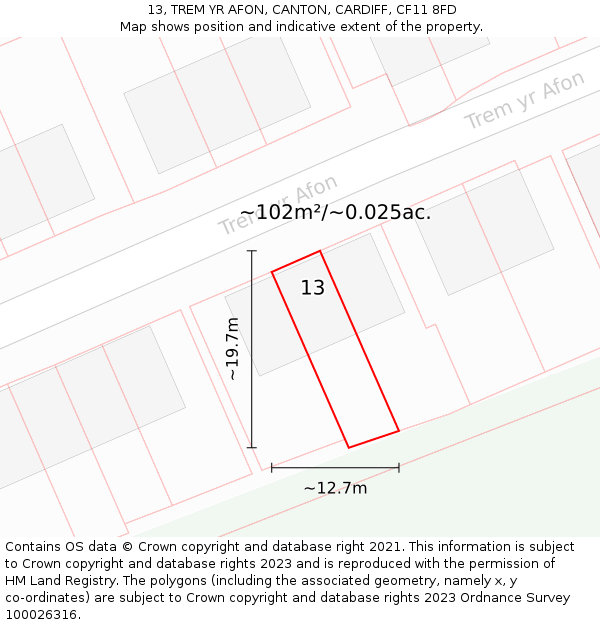 13, TREM YR AFON, CANTON, CARDIFF, CF11 8FD: Plot and title map
