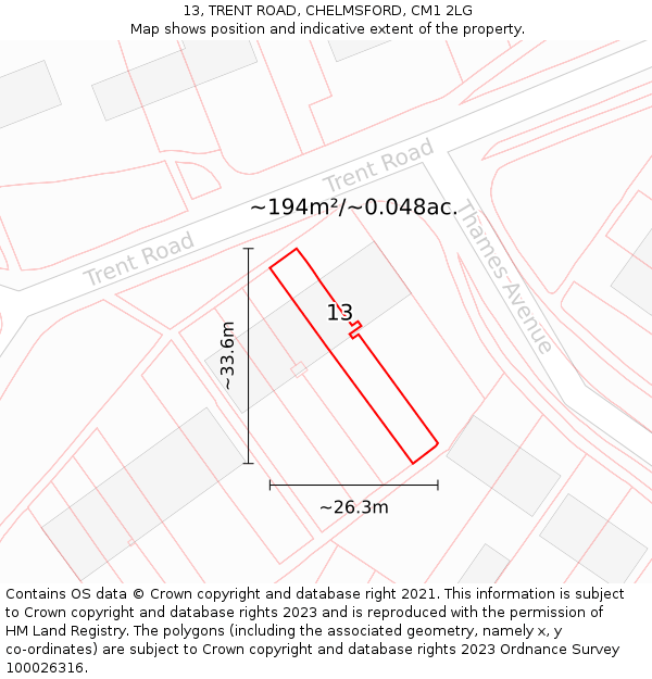 13, TRENT ROAD, CHELMSFORD, CM1 2LG: Plot and title map